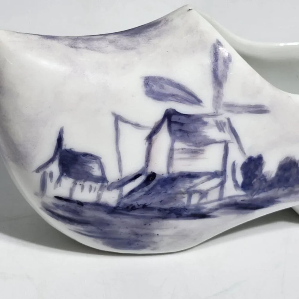 Dutch Ceramic Clog Shoe Figurine Hand Painted Blue & White Windmill